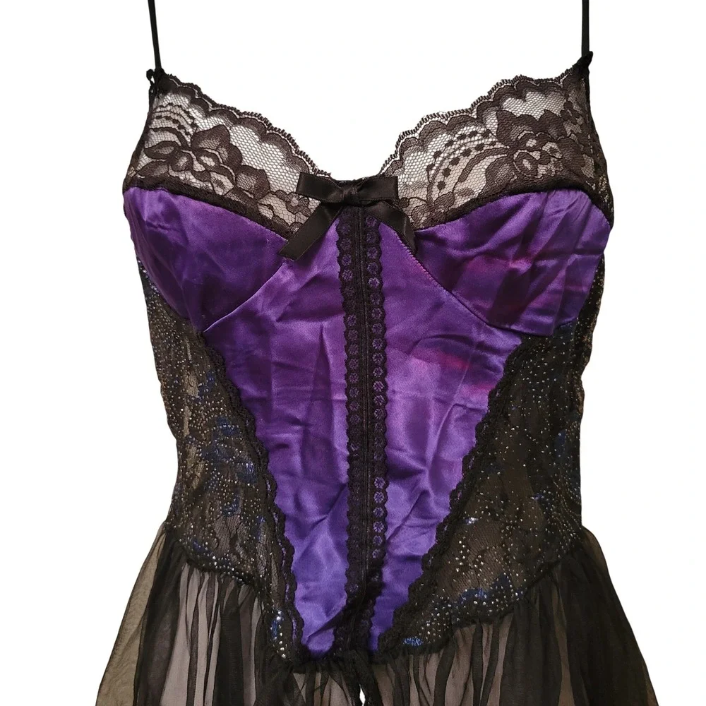 Nan Flower S Nightgown Purple Black Lace High Low Mesh Vintage Sexy Lingerie